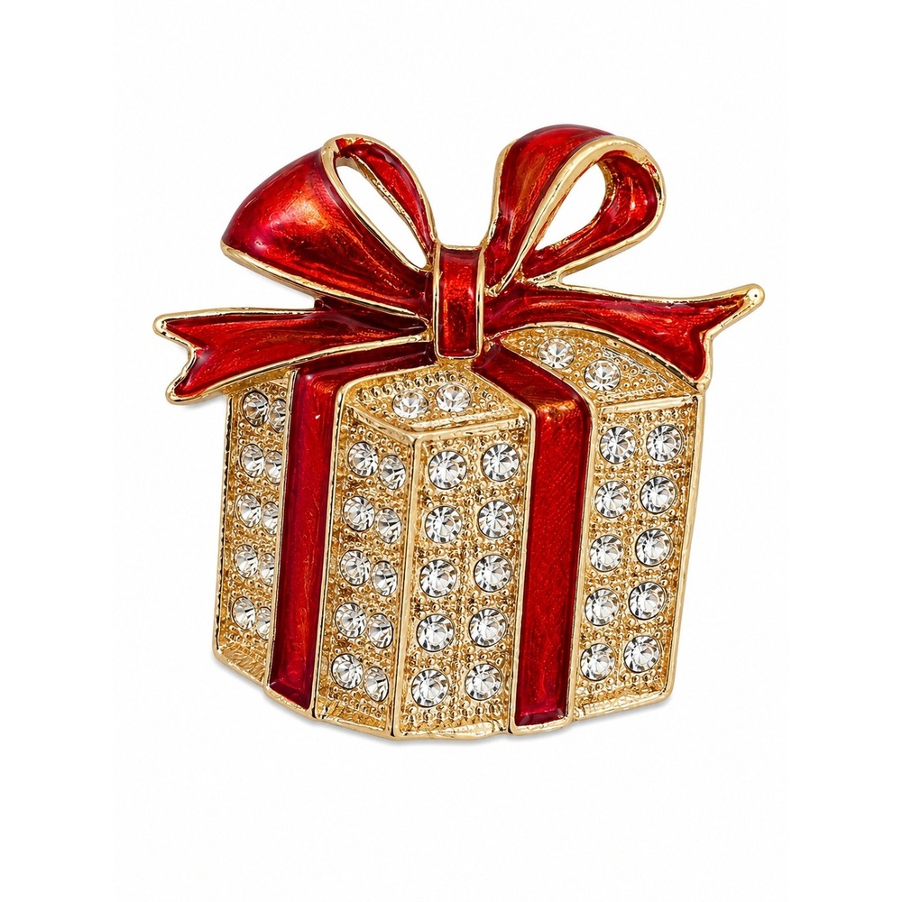 New Red Enamel Gift Box Present Christmas Brooch Pin Gold Tone‎ Rhinestone Bow